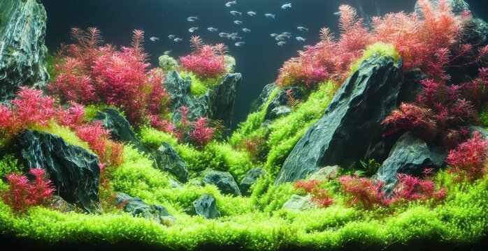 Tranquil planted aquarium with lush green carpet, crimson stem plants, jagged dark rocks and a school of small fish creating a serene underwater landscape