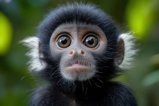 young black-furred monkey head with fluffy white ear tufts, face obscured by dark square, soft fur close-up against blurred green foliage, calm curious mood