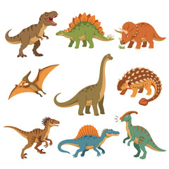 Dinosaurs diverse species prehistoric reptiles collection isolated white background. Colorful cartoon herbivores carnivores creatures varieties Trex raptor stegosaurus pterodactyl brachiosaurus © Vectorvstocker