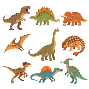 Dinosaurs diverse species prehistoric reptiles collection isolated white background. Colorful cartoon herbivores carnivores creatures varieties Trex raptor stegosaurus pterodactyl brachiosaurus