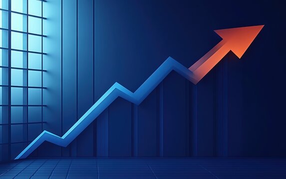 ascending zigzag arrow rising from blue chart bars to an orange tip in a dark blue room with a grid window, conveying upward momentum and optimistic growth