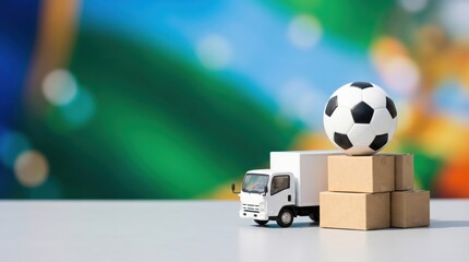 Toy Delivery Truck Carrying Cardboard Boxes and Soccer Ball for Global Sports Equipment Shipping