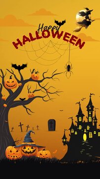 Animated Halloween greetings featuring bright orange colors, spooky trees, and other horror-themed decorations. Halloween greeting template.