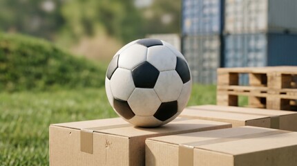 Soccer ball on cardboard boxes for international sports equipment shipping and logistics