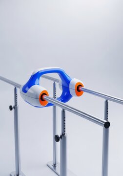 Modern robotic assistance device integrated with parallel bars for physical therapy and balance exercises in a clean healthcare facility, research, stability, clinic