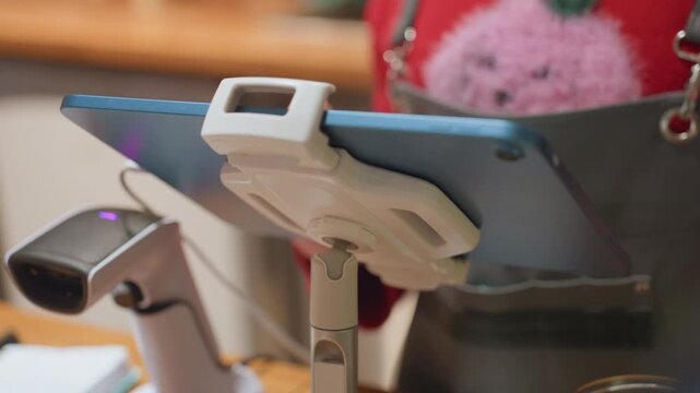 Closeup tablet payment at cafe counter, hand tapping near scanner and NFC reader, soft bokeh window light, plush keychain visible, polished tablet mount, calm modern retail checkout scene