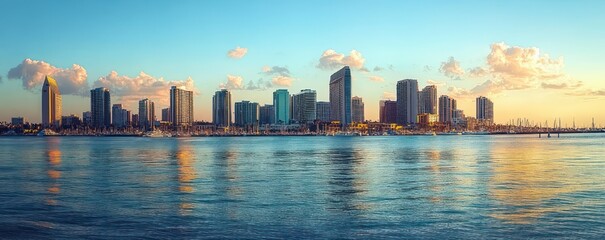 Naklejka premium sunlit coastal city skyline of modern high-rise buildings reflected on calm bay water under a blue sky with scattered clouds, evoking a tranquil golden-hour mood