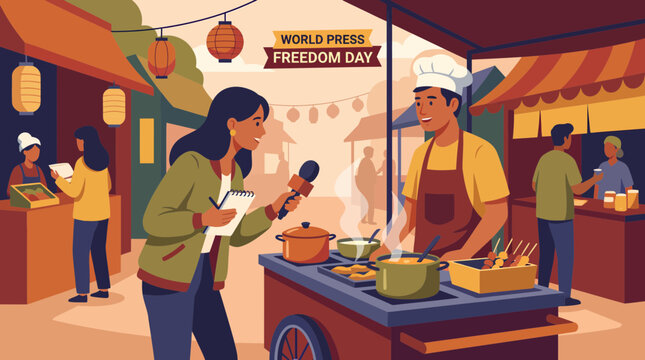 Journalist interviewing street food vendor for World Press Freedom Day