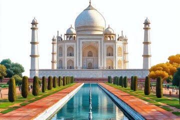 Fototapeta premium majestic white marble domed mausoleum with four slender minarets, long reflecting pool, red walkways and manicured formal gardens, serene and awe-inspiring under clear sky