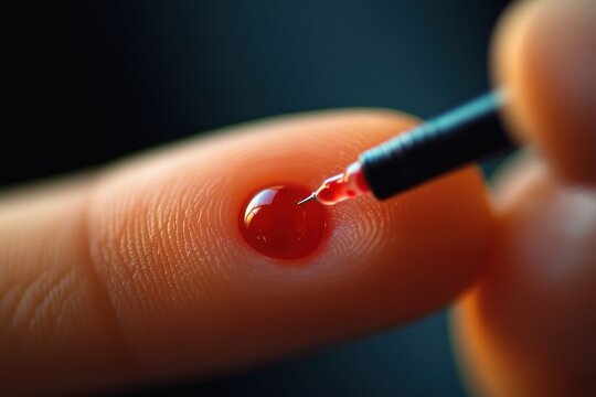 Close-up of a fingertip with a single droplet of blood as a lancet needle is poised, conveying tension and vulnerability