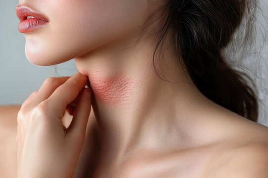 young woman scratching an irritated red rash on her neck near the jawline and collarbone, close-up portrait showing discomfort and itching