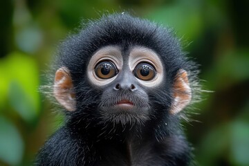Fototapeta premium young chimpanzee with fluffy black fur and prominent ears against soft green foliage, conveying curiosity and innocence