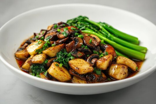 seared baby potatoes and sliced mushrooms in savory brown glaze with steamed broccolini and chopped chives in a white bowl, appetizing and comforting