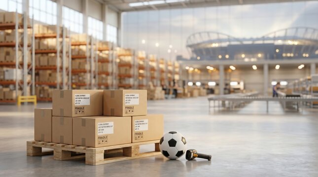 Warehouse Logistics for Sports Merchandise with Soccer Ball and Shipping Boxes