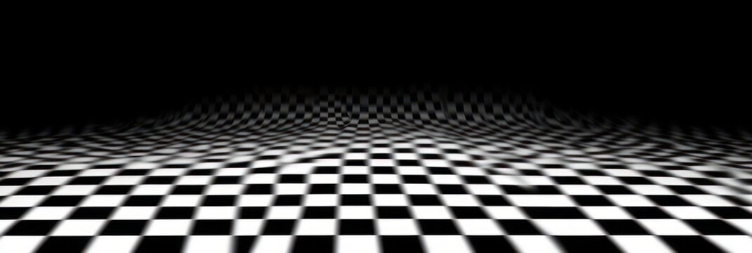 black and white checkerboard grid stretching toward a dark horizon with wavy undulations, evoking a surreal and disorienting sense of depth and motion