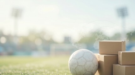 Global soccer equipment donation and international logistics with ball and cardboard boxes on field