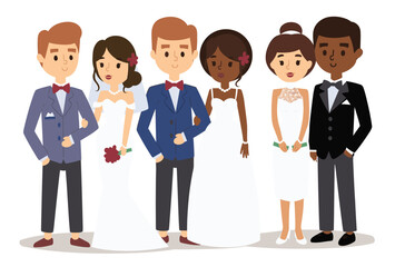 Fototapeta premium Three cartoon couples wearing wedding attire standing together smiling celebrating wedding occasion assorted backgrounds isolated white background diverse ethnicities illustration festive look