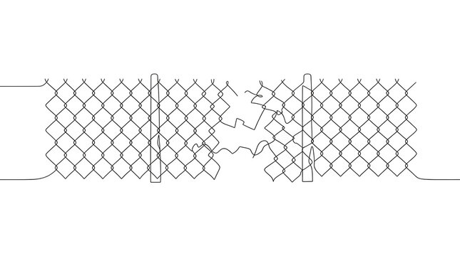 Continuous Line Drawing of a Broken Chain Link Fence with a Hole