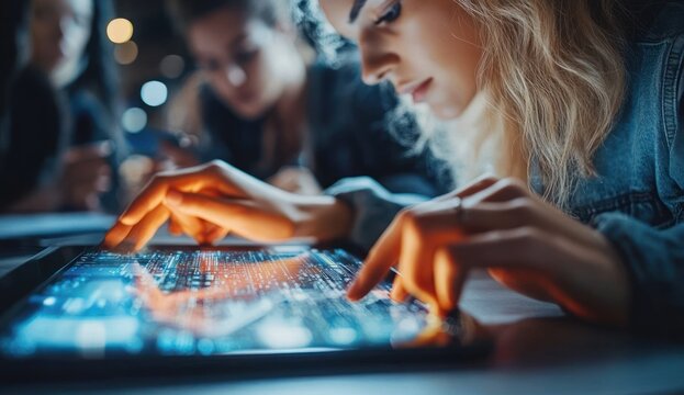 Hands tapping a glowing touchscreen tablet displaying colorful data charts, a person in a denim jacket leaning in amid a dim social scene with bokeh lights, focused and engaged