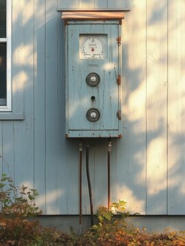 sunlit weathered electrical meter box with rusted round dials and cables on pale blue wooden siding, window at left and autumn plants below, calm nostalgic mood