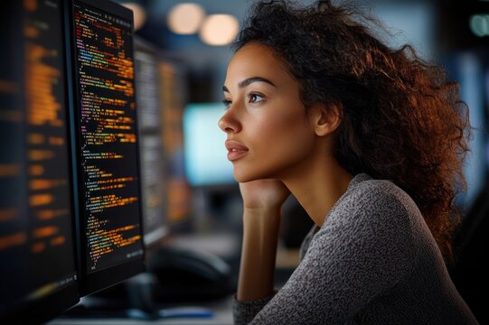 tired programmer with blurred face resting hand on cheek while studying colorful code on dual monitors in a dimly lit office, focused and weary
