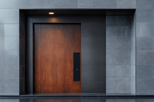 minimalist modern entrance with large wooden double door set in dark stone facade under a recessed light, calm elegant and welcoming atmosphere