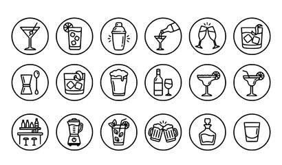 Fototapeta premium Cocktail drinks thin line icon set with bar beverage and bartender tools outline vector collection