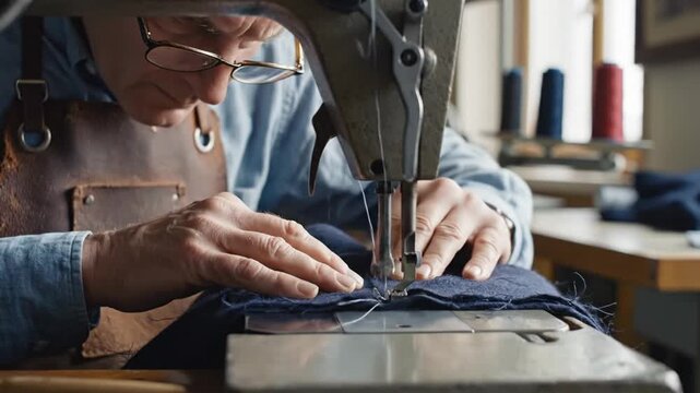 Artisan sewing process captured in detailed frames showcasing craftsmanship and precision in textile creation
