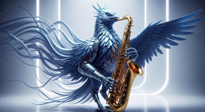 blue jazz saxophone bird in flight with musical feathers and golden instrument surreal concept