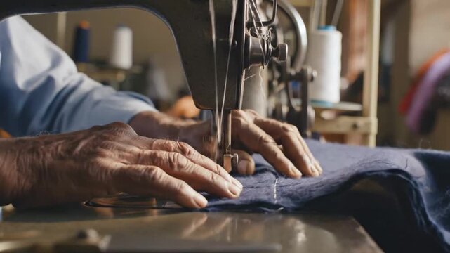 Elderly hands skillfully operate vintage sewing machine on a brightly lit workshop