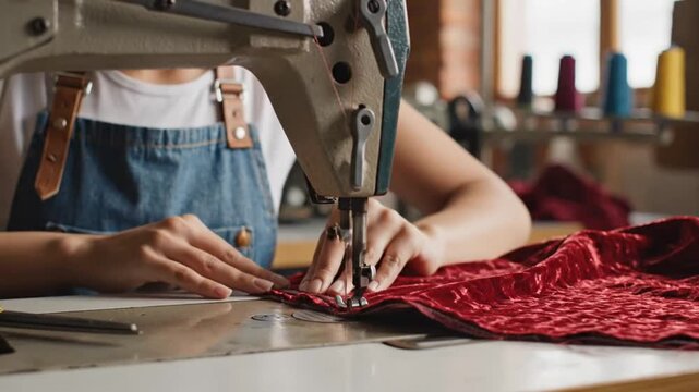 Young Seamstress Sewing Red Velvet Fabric Using Industrial Sewing Machine in Workshop