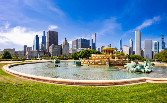 Chicago Skyline Panorama with Park Fountain Illinois