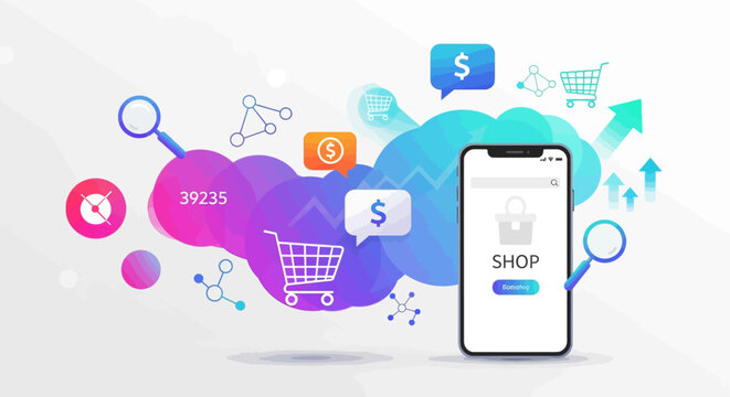 E-commerce icons, online shopping graphics, mobile commerce symbols, digital storefront elements