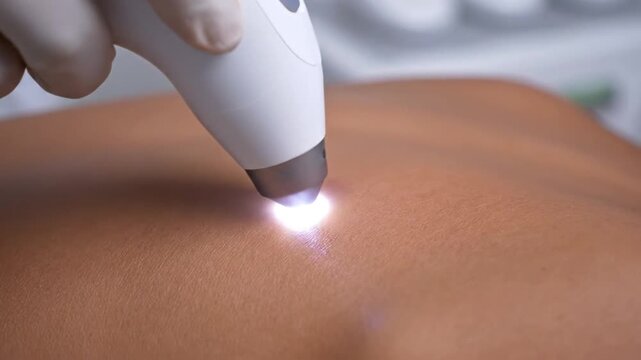 Close-Up Of Professional Skin Treatment Using Laser Device On Tanned Skin In A Clinical Spa Environment