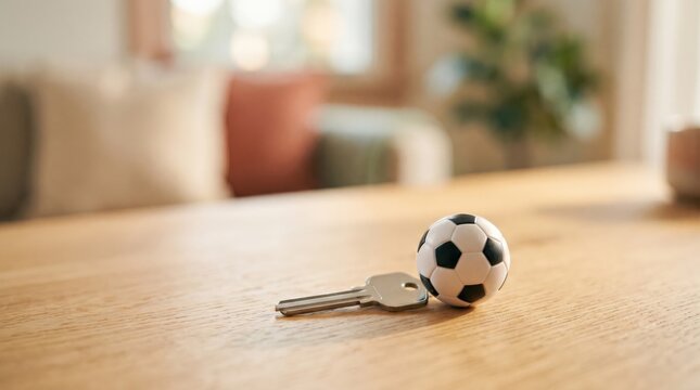 Soccer Ball Keyring on Wooden Table Representing Sports Coaching Career or Home Training Access
