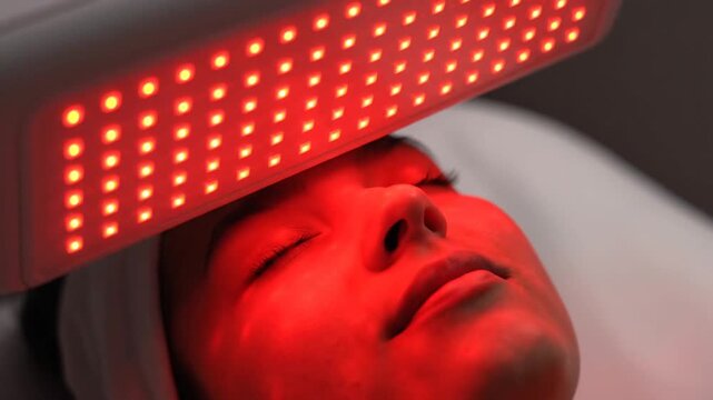 Relaxing Female Under Red Light Therapy Device For Skin Rejuvenation In A Modern Aesthetic Treatment Room
