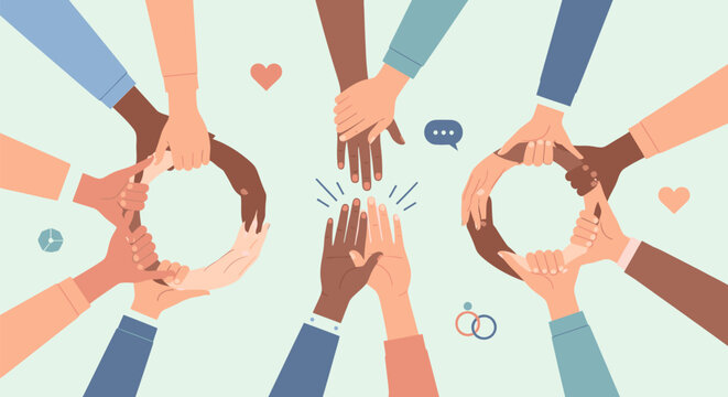Diverse people join hands in unity and love outdoors together