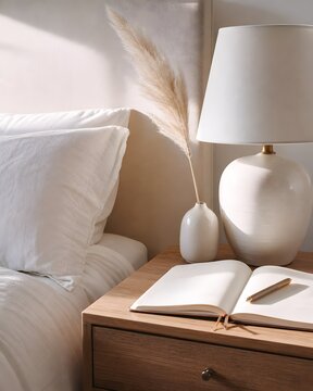 Minimalist Bedroom Nightstand White Lamp Pampas Grass Bud Vase Open Journal