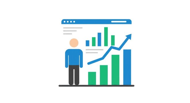 Visualiza&ccedil;&atilde;o de an&aacute;lises de neg&oacute;cios com gr&aacute;ficos e ilustra&ccedil;&atilde;o de figura humana.