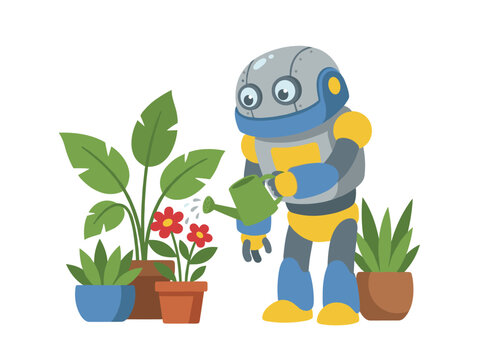 Robot gardener tending plants watering greens cheerful AI horticulture futuristic. Automated machine caring flora red flowers pots nurturing organic greenery. Isolated white background, vector