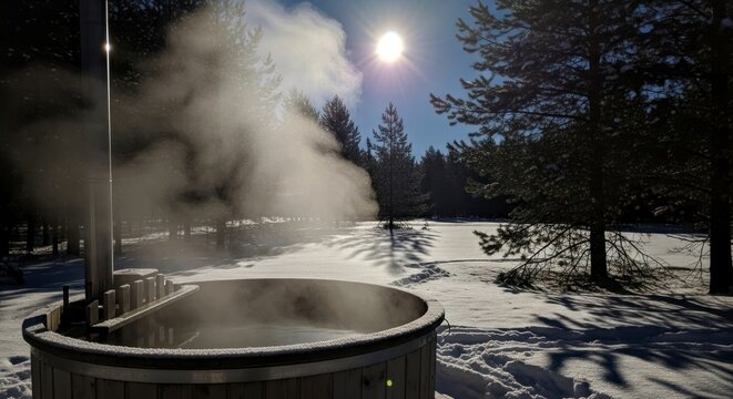 Banheira de hidromassagem ao ar livre com vapor subindo sob um sol brilhante de inverno.