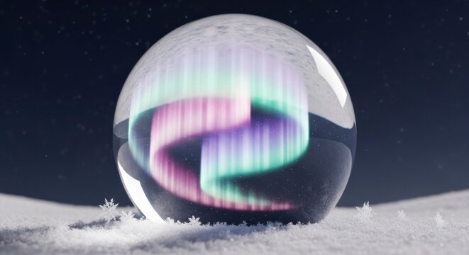 Globo de neve com vibrante exibi&ccedil;&atilde;o de aurora boreal girando sobre uma paisagem nevada