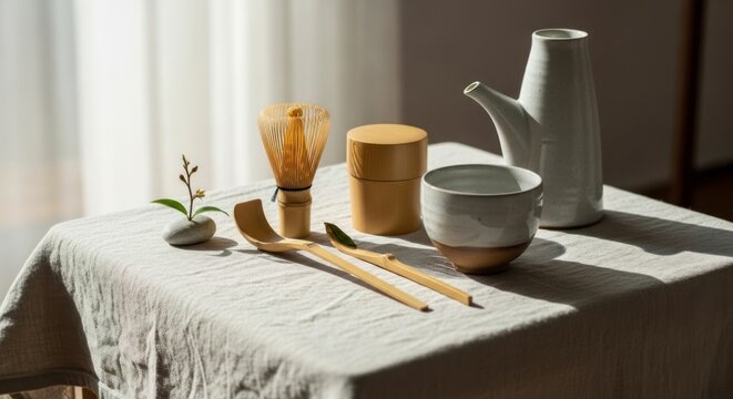 Configura&ccedil;&atilde;o zen para cerim&ocirc;nia do ch&aacute;, natureza-morta serena com utens&iacute;lios e acess&oacute;rios para matcha.