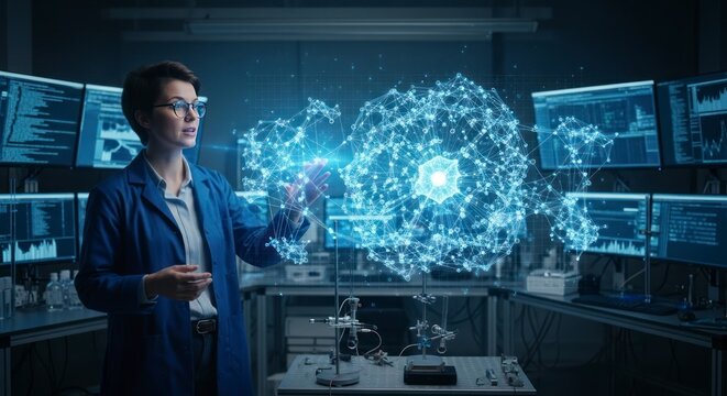 Mulher de jaleco branco analisa dados digitais na interface com telas de computador.