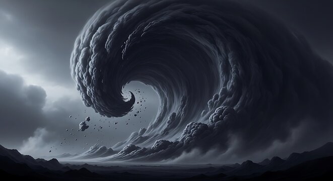 Dark stormy hurricane wave crashing ocean.