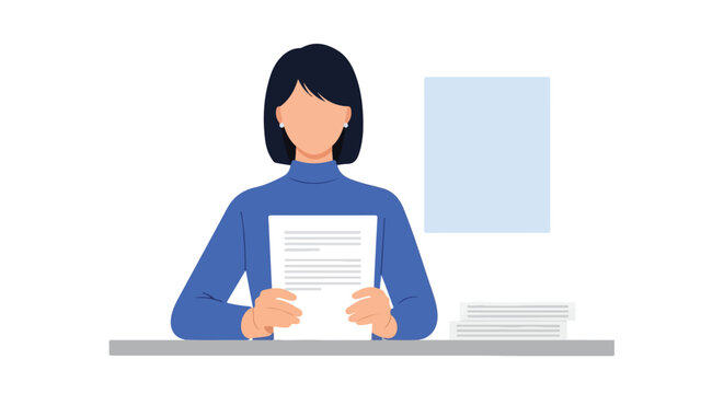 A faceless woman with dark hair sits at a desk, wearing a blue sweater and holding a white document, with a stack of papers nearby.