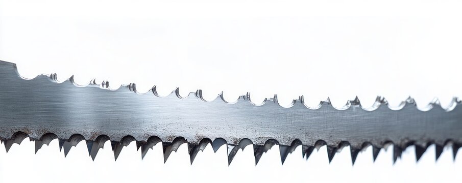 close-up of two serrated metal saw blades with rust and scratches, sharp teeth facing each other conveying tension and cold precision