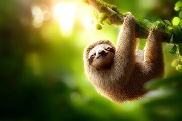 Fototapeta premium Sloth Relaxing on Branch in Natural Habitat, Energy Saving Mode with Soft Light and Green Background