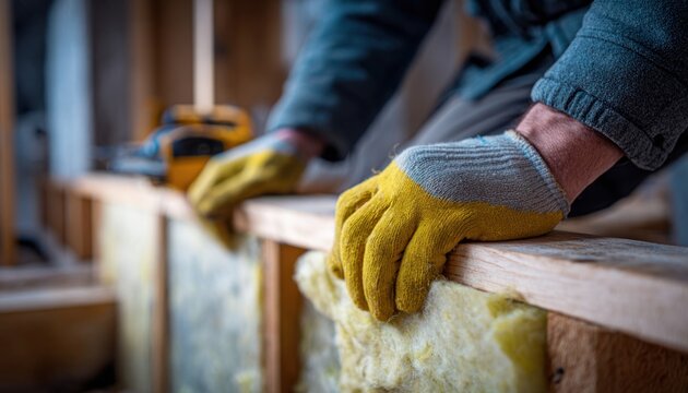 Worker installing energy-efficient wall insulation in residential interior with wooden framework
