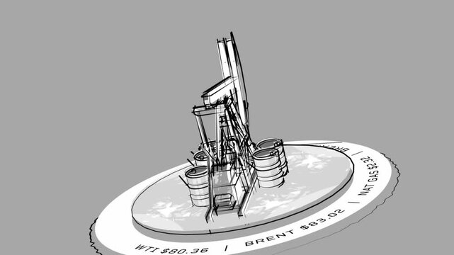 Oil Pump jack and Crude Oil Barrels 360 CG Hand drawn Loop